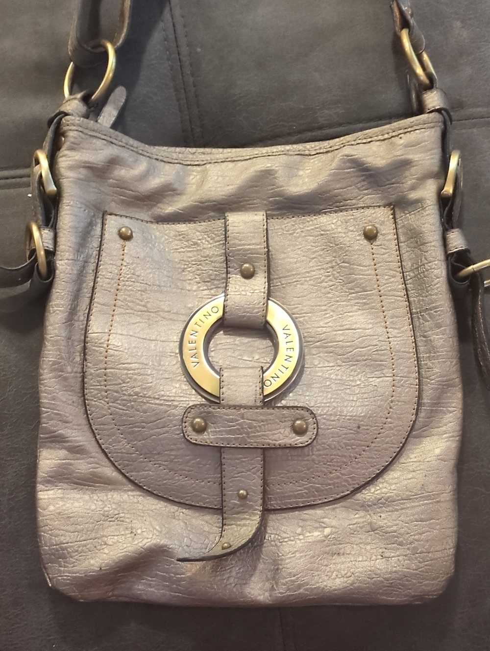 Valentino Gray Leather Crossbody with Signature Ring Hardware